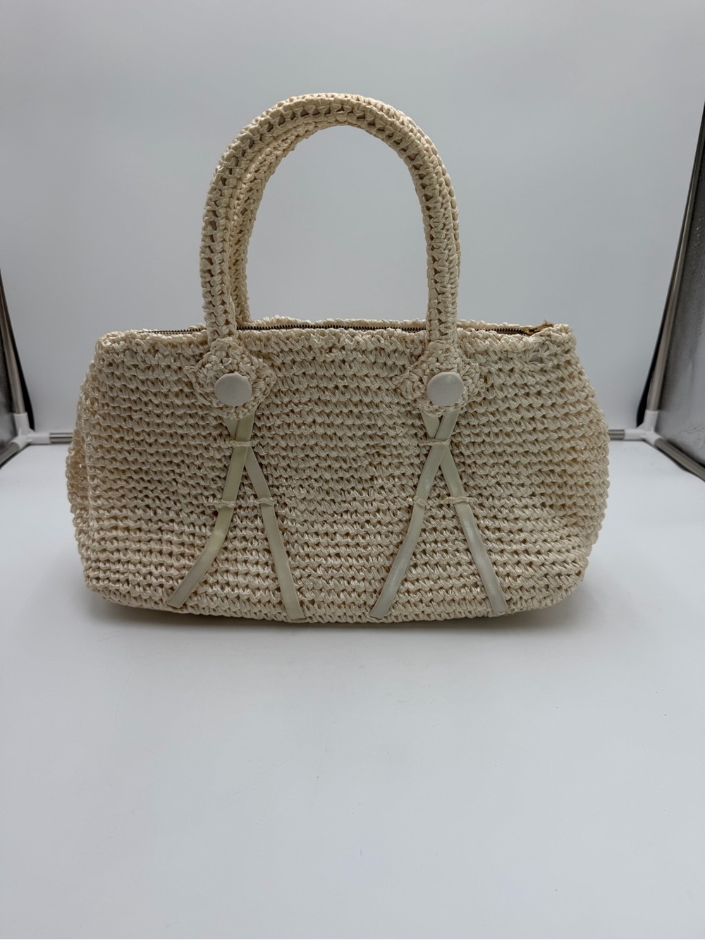 Vintage Made in Japan Raffia Straw Handbag Cream Woven Top Handle Purse